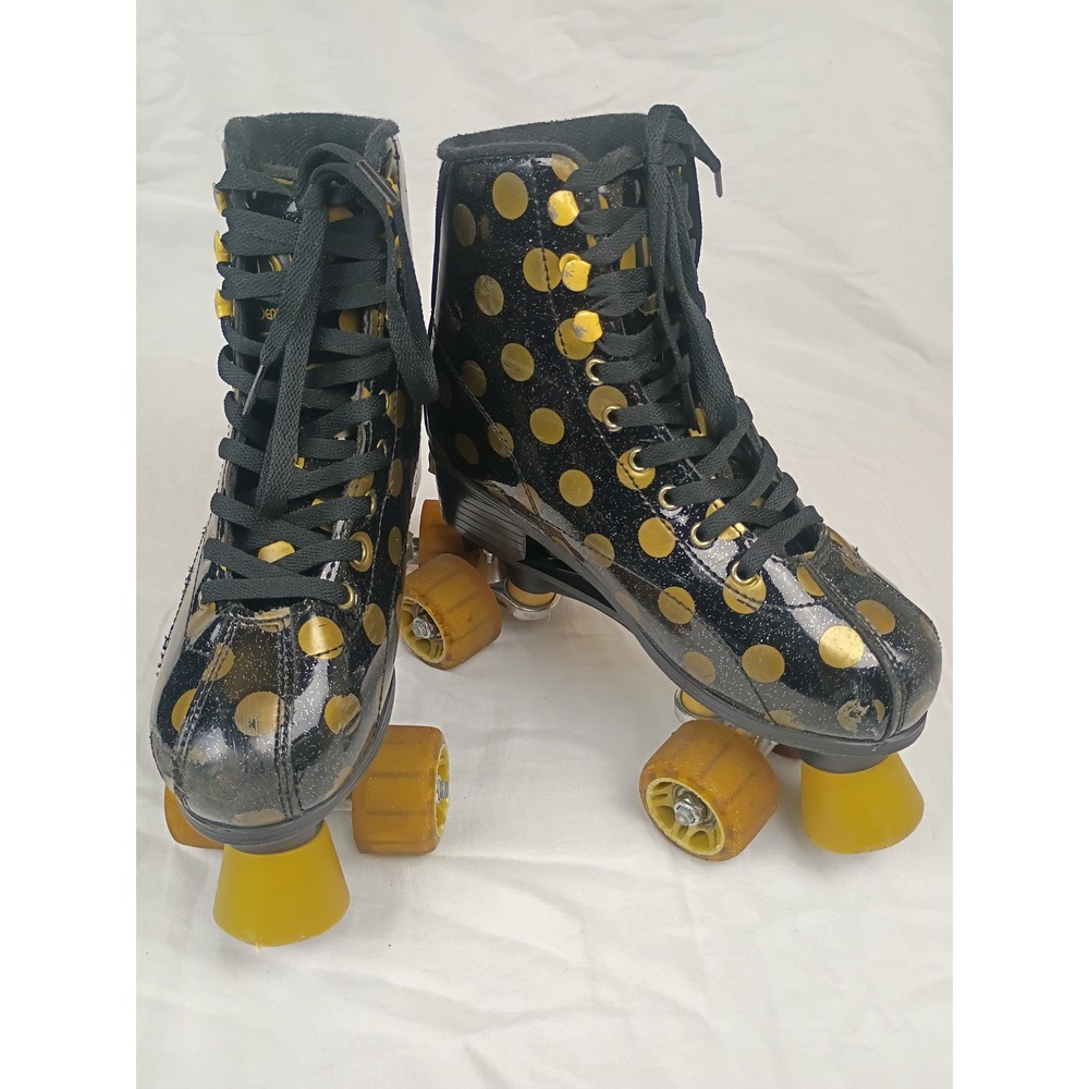 Roller Derby Kids Quad Skates Black Gold Polka Dot Glitter High Top Skates
